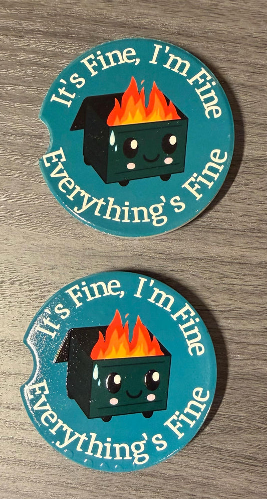 Funny Ceramic Car Coasters Set of 2 | Trash Bin I'm Fine, Everything is fine Car Accessories | Absorbent Cup Holder Coasters | Funny Gift __etsy:8099051557