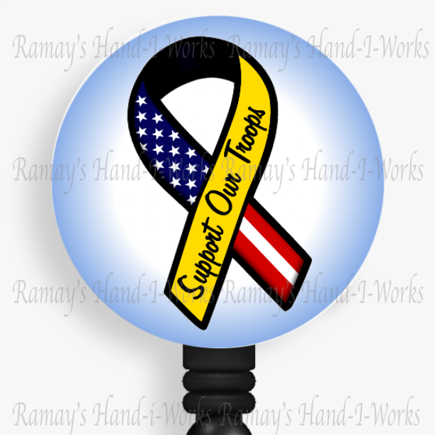 Patriotic, Military US Flag Support Our Troops Yellow Ribbon Retractable Badge Reel