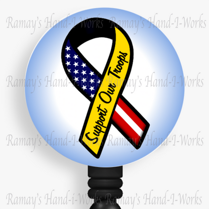 Patriotic, Military US Flag Support Our Troops Yellow Ribbon Retractable Badge Reel