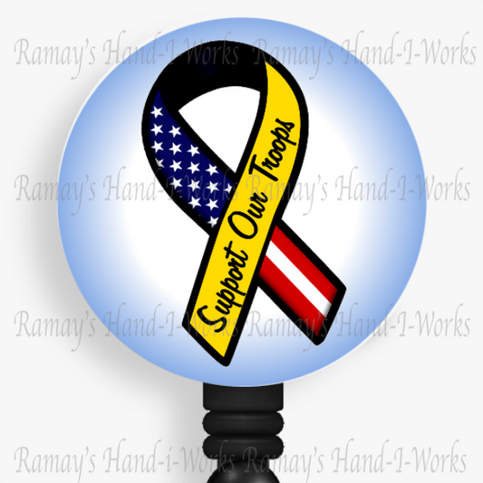 Patriotic, Military US Flag Support Our Troops Yellow Ribbon Retractable Badge Reel