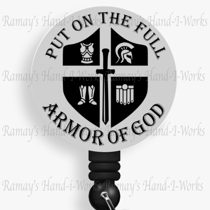 Christian, Gray, Put On The Full Armor Of God Retractable Badge Reel