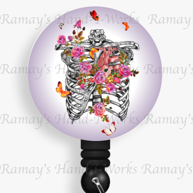 Nurse Watercolor Floral Rib Cage with Heart Retractable Badge Reel