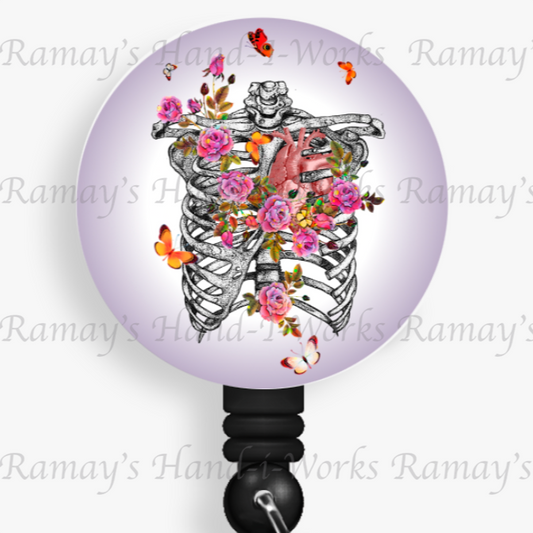 Nurse Watercolor Floral Rib Cage with Heart Retractable Badge Reel