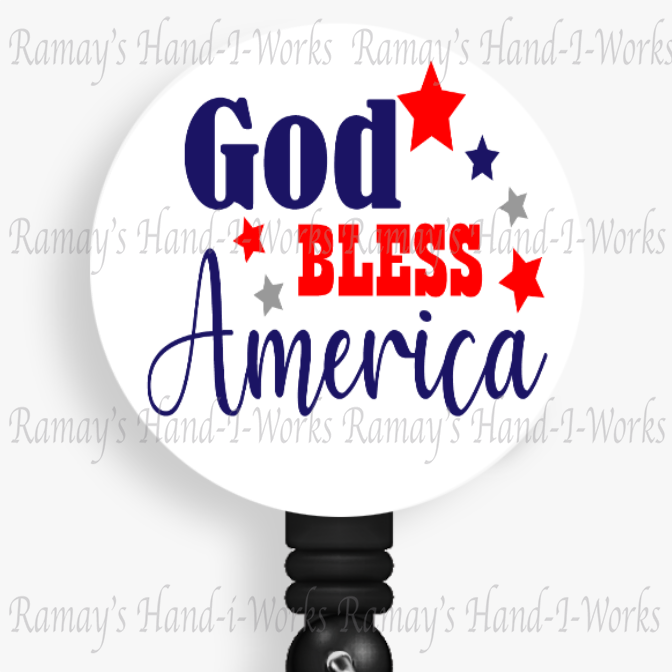Patriotic God Bless America, Red, White, Blue Retractable Badge Reel