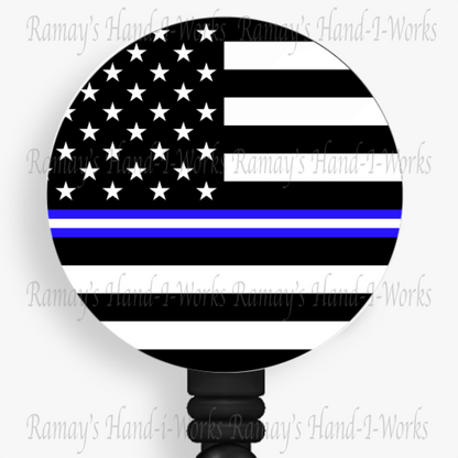 US Flag Support EMT Split Blue Line Retractable Badge Reel
