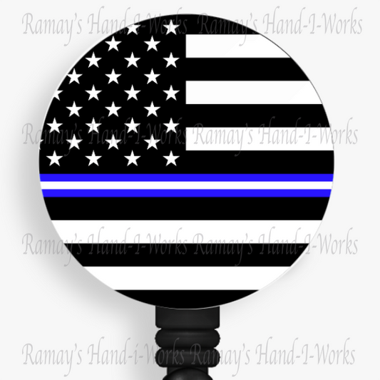 US Flag Support EMT Split Blue Line Retractable Badge Reel