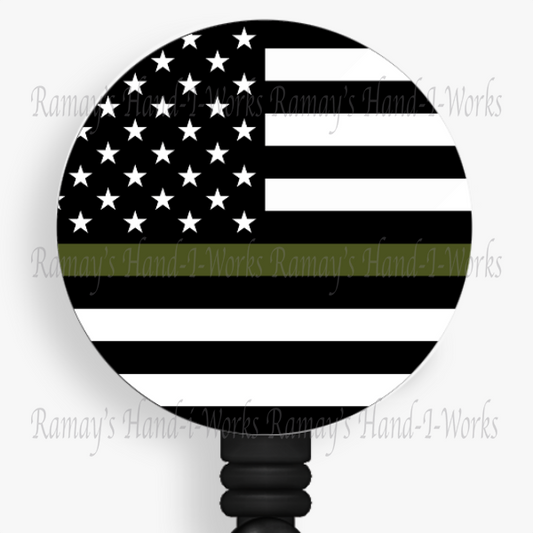 Patriotic, Military, Support Green Line Flag Retractable Badge Reel