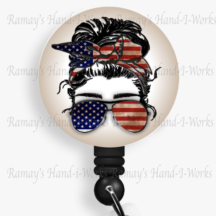 Patriotic, Military USA Flag Messy Bun Retractable Badge Reel