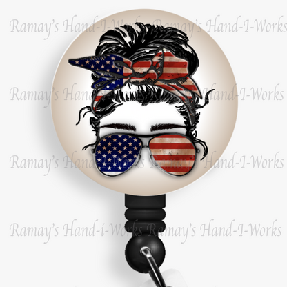 Patriotic, Military USA Flag Messy Bun Retractable Badge Reel