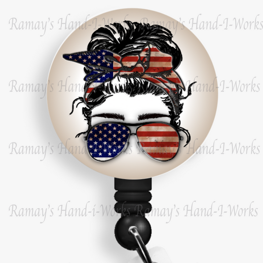 Patriotic, Military USA Flag Messy Bun Retractable Badge Reel