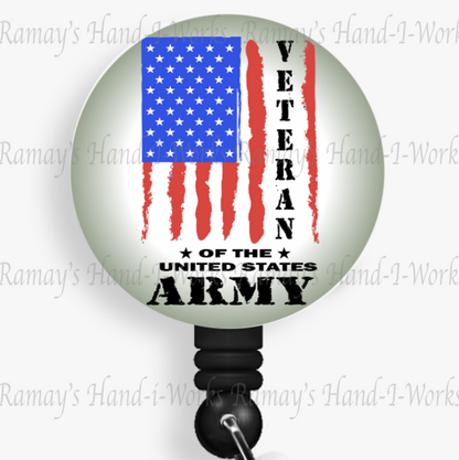 Patriotic, Military, Flag Army Veteran Retractable Badge Reel