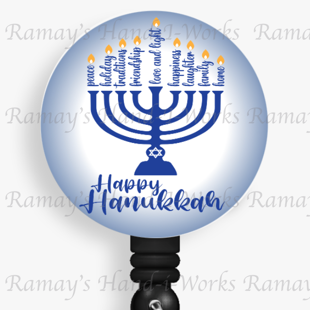 Happy Hanukkah, Menorah, Jewish Retractable Badge Reel
