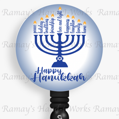 Happy Hanukkah, Menorah, Jewish Retractable Badge Reel