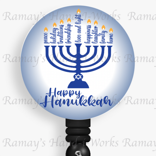 Happy Hanukkah, Menorah, Jewish Retractable Badge Reel