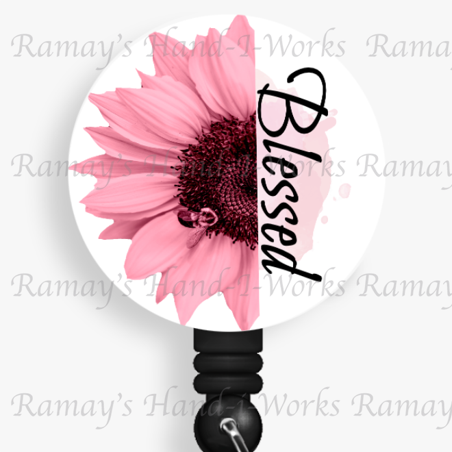 Pink Flower, Blessed Retractable Badge Reel