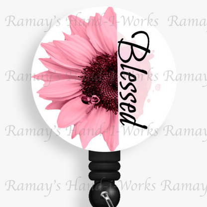 Pink Flower, Blessed Retractable Badge Reel
