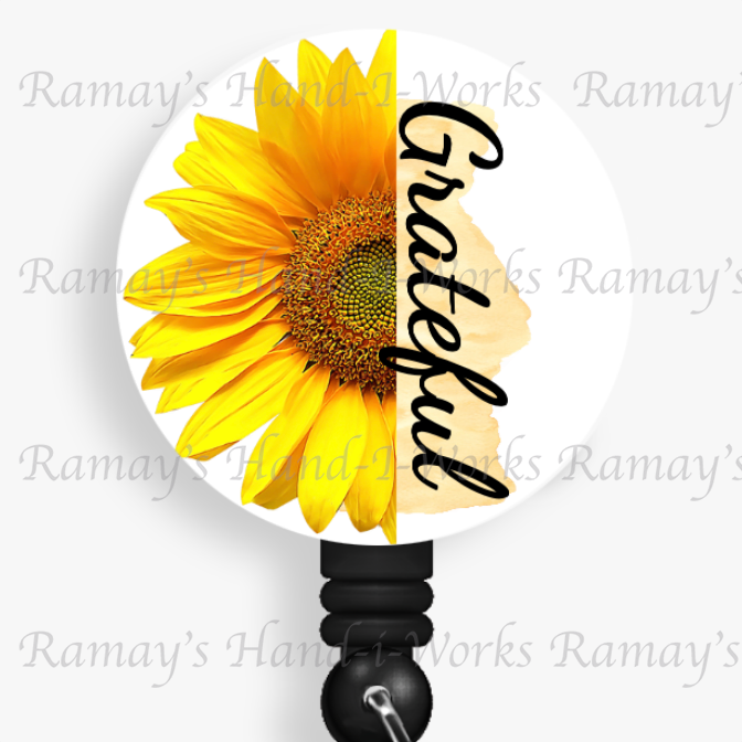 "Grateful" Sunflower Retractable Badge Reel