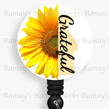 "Grateful" Sunflower Retractable Badge Reel