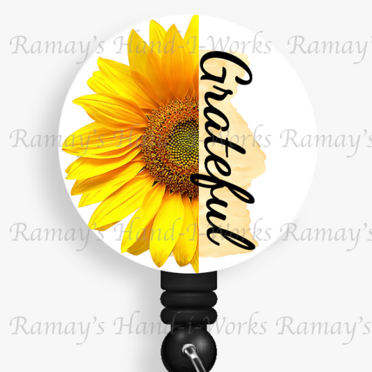 "Grateful" Sunflower Retractable Badge Reel