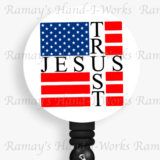 Christian, US Flag Trust Jesus, Retractable Badge Reel