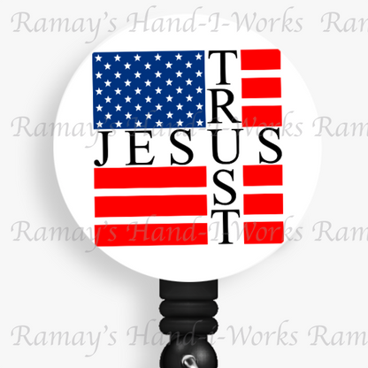 Christian, US Flag Trust Jesus, Retractable Badge Reel