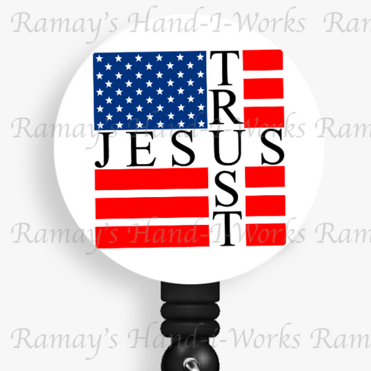 Christian, US Flag Trust Jesus, Retractable Badge Reel