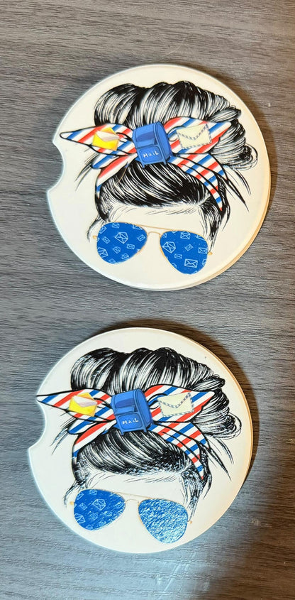 Ceramic Car Coasters Set 2 | Messy Bun Postal Worker Car Accessories | Absorbent Cup Holder Coasters | Postal WorkerGift | US Postal Decor __etsy:8028597816