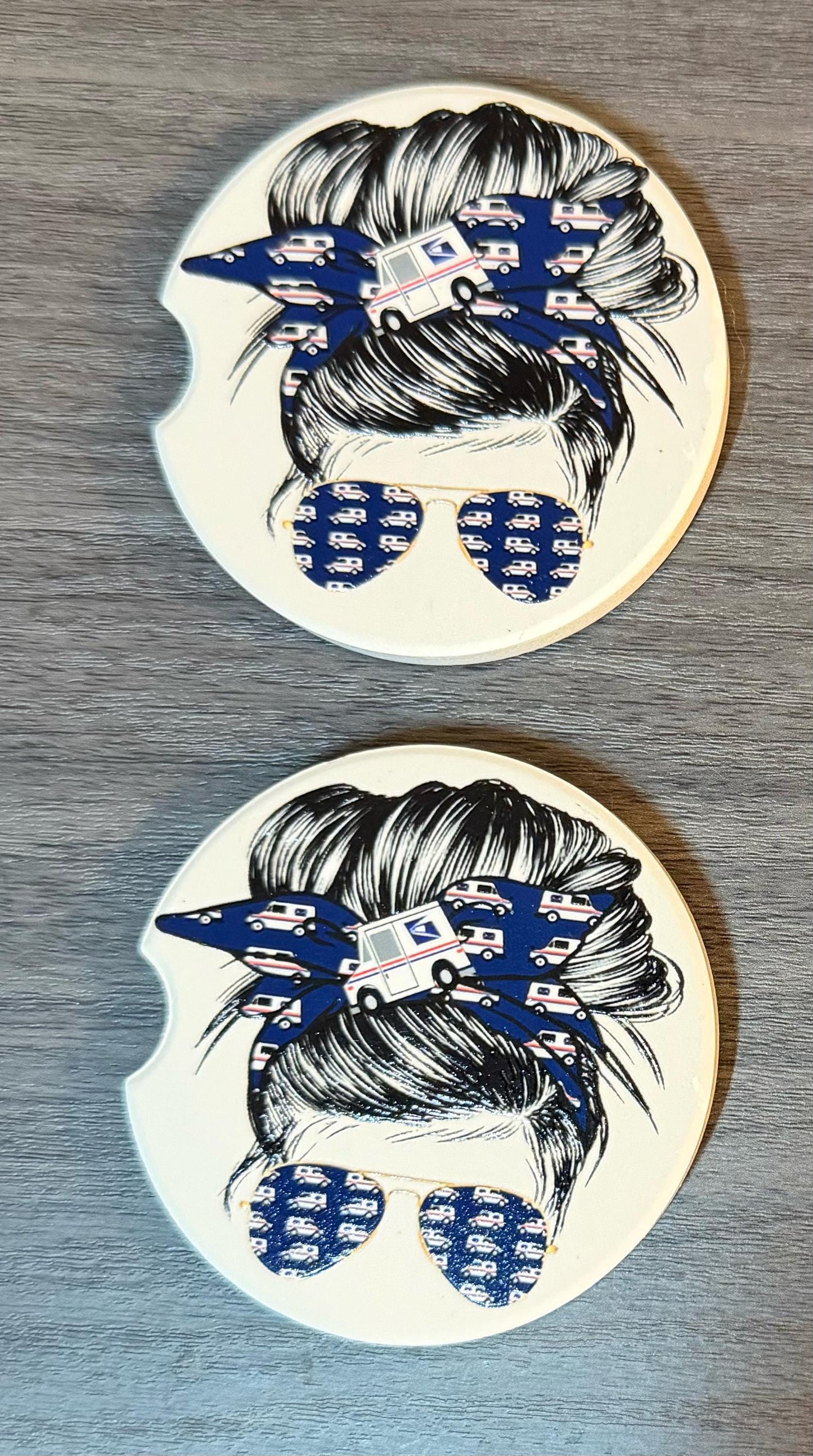 Ceramic Car Coasters Set 2 | Messy Bun Postal Worker (2) Car Accessories |Absorbent Cup Holder Coasters | Postal WorkerGift |US Postal Decor __etsy:8078722179