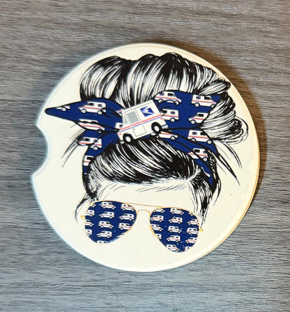 Ceramic Car Coasters Set 2 | Messy Bun Postal Worker (2) Car Accessories |Absorbent Cup Holder Coasters | Postal WorkerGift |US Postal Decor __etsy:8028566540