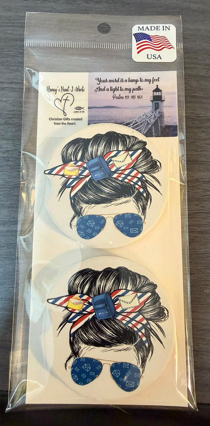 Ceramic Car Coasters Set 2 | Messy Bun Postal Worker Car Accessories | Absorbent Cup Holder Coasters | Postal WorkerGift | US Postal Decor __etsy:8076513313