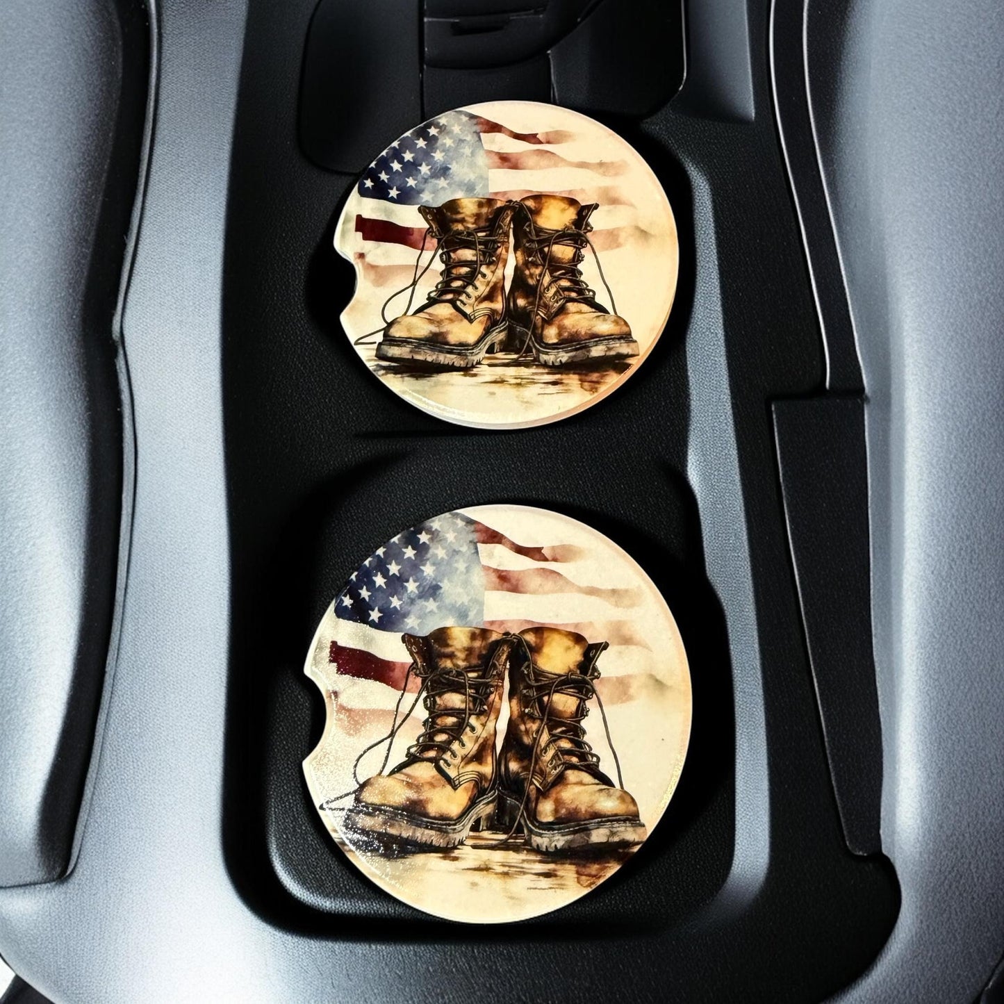 Ceramic Car Coasters Set | Military US Flag and a Soldiers worn out Boots Absorbent Cup Holders | Patriotic Military Gifts Car Coasters __etsy:8087243527