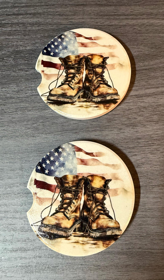 Ceramic Car Coasters Set | Military US Flag and a Soldiers worn out Boots Absorbent Cup Holders | Patriotic Military Gifts Car Coasters __etsy:8039322574
