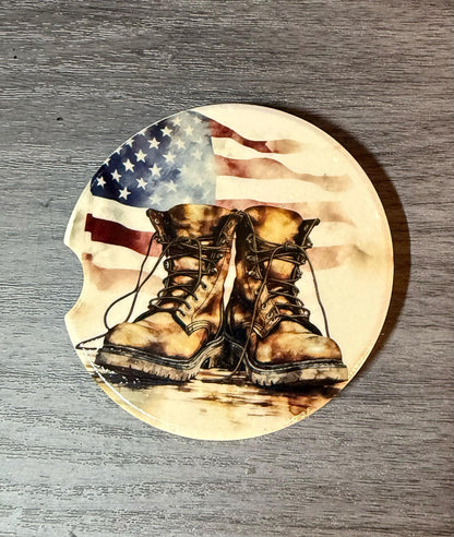 Ceramic Car Coasters Set | Military US Flag and a Soldiers worn out Boots Absorbent Cup Holders | Patriotic Military Gifts Car Coasters __etsy:8039322558
