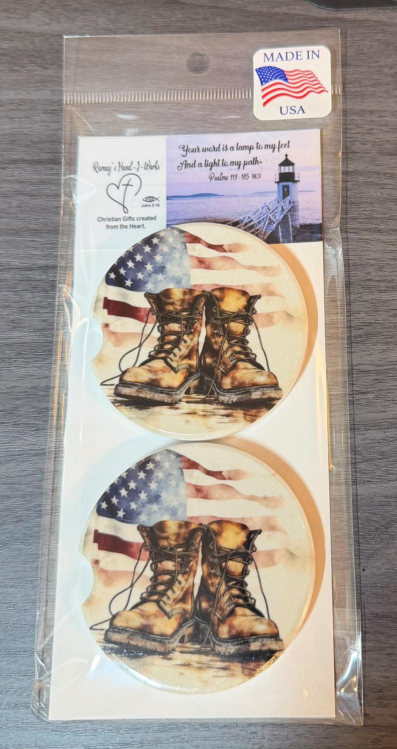 Ceramic Car Coasters Set | Military US Flag and a Soldiers worn out Boots Absorbent Cup Holders | Patriotic Military Gifts Car Coasters __etsy:8087239233