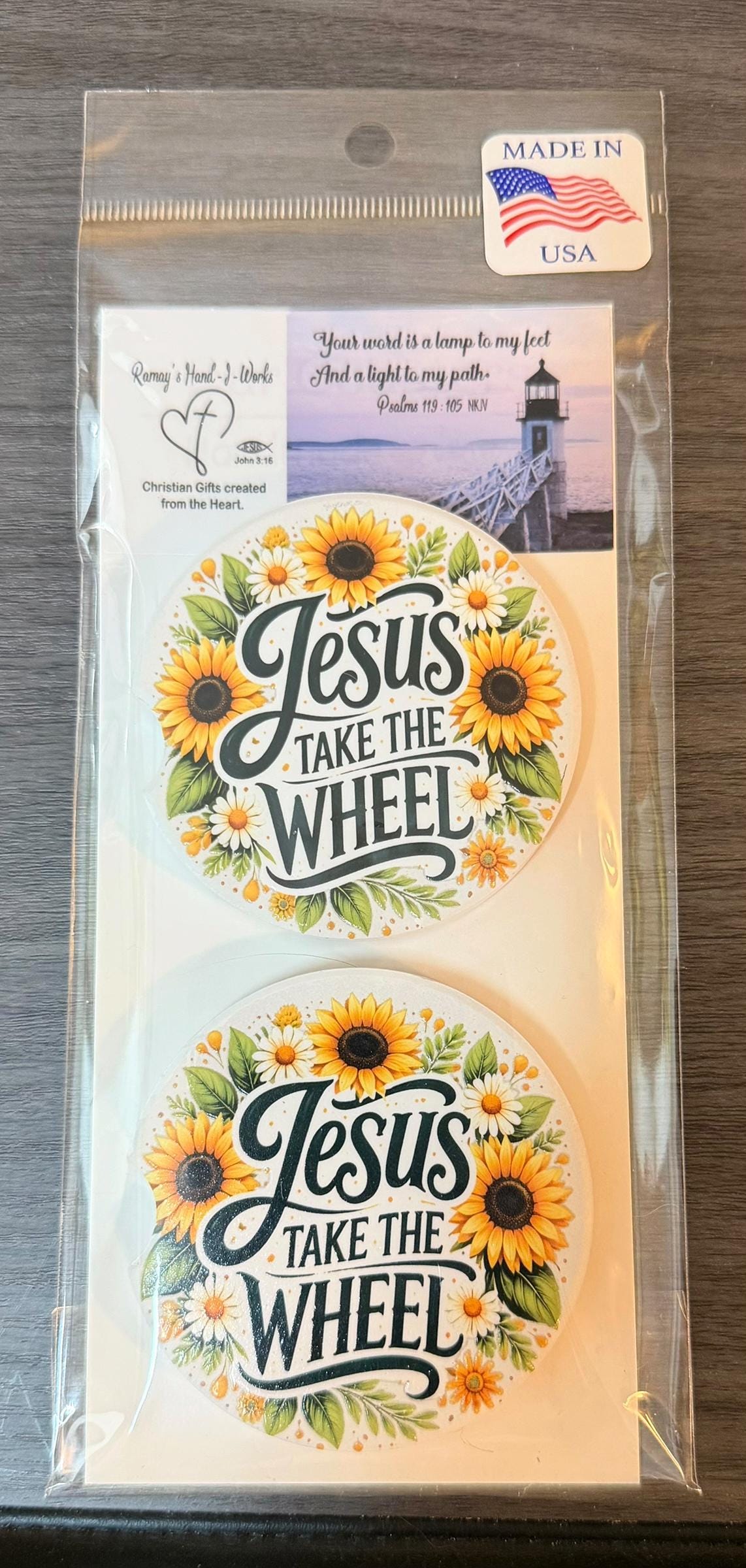 Ceramic Car Coasters Set of 2 | Christian Car Accessories | Absorbent Cup Holder Coasters | Faith Inspired Gift | Inspirational Car Decor __etsy:7996113534