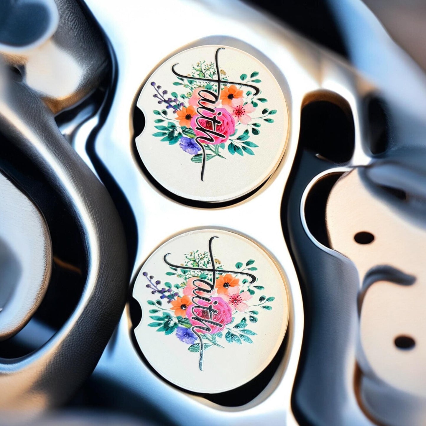 Ceramic Car Coasters Set of 2 | Floral Faith Car Accessories | Absorbent Cup Holder Coasters | Faith Inspired Gift | Inspirational Car Decor __etsy:8087502233