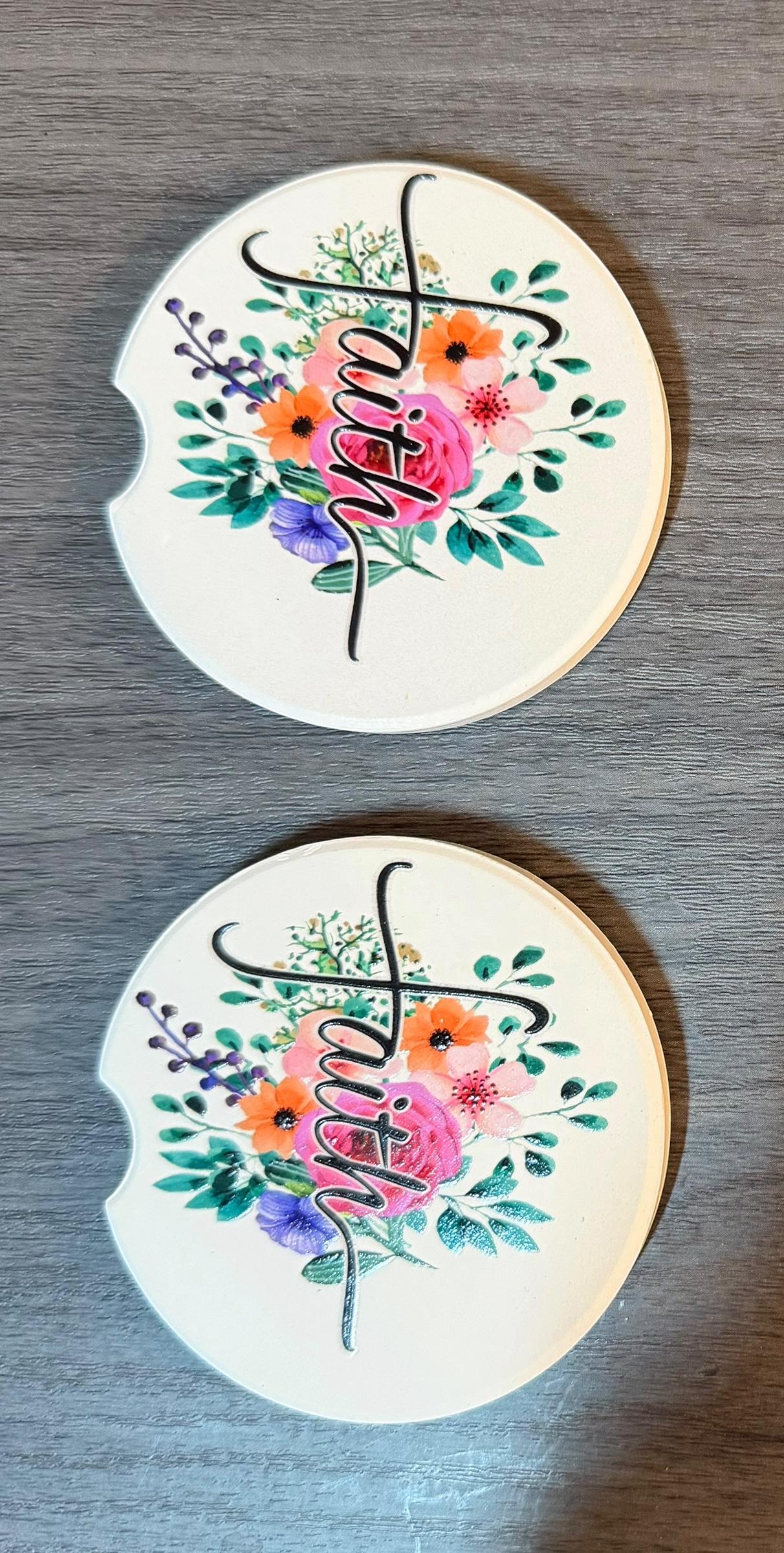 Ceramic Car Coasters Set of 2 | Floral Faith Car Accessories | Absorbent Cup Holder Coasters | Faith Inspired Gift | Inspirational Car Decor __etsy:8087491721