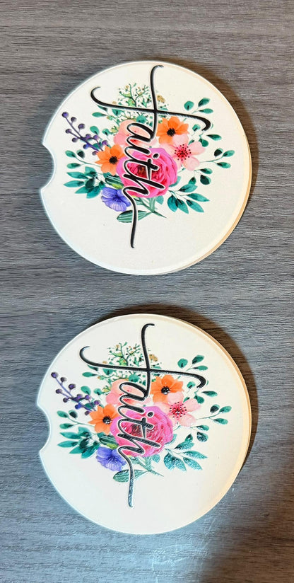 Ceramic Car Coasters Set of 2 | Floral Faith Car Accessories | Absorbent Cup Holder Coasters | Faith Inspired Gift | Inspirational Car Decor __etsy:8087491721