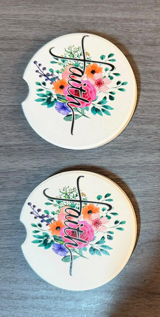 Ceramic Car Coasters Set of 2 | Floral Faith Car Accessories | Absorbent Cup Holder Coasters | Faith Inspired Gift | Inspirational Car Decor __etsy:8087491721
