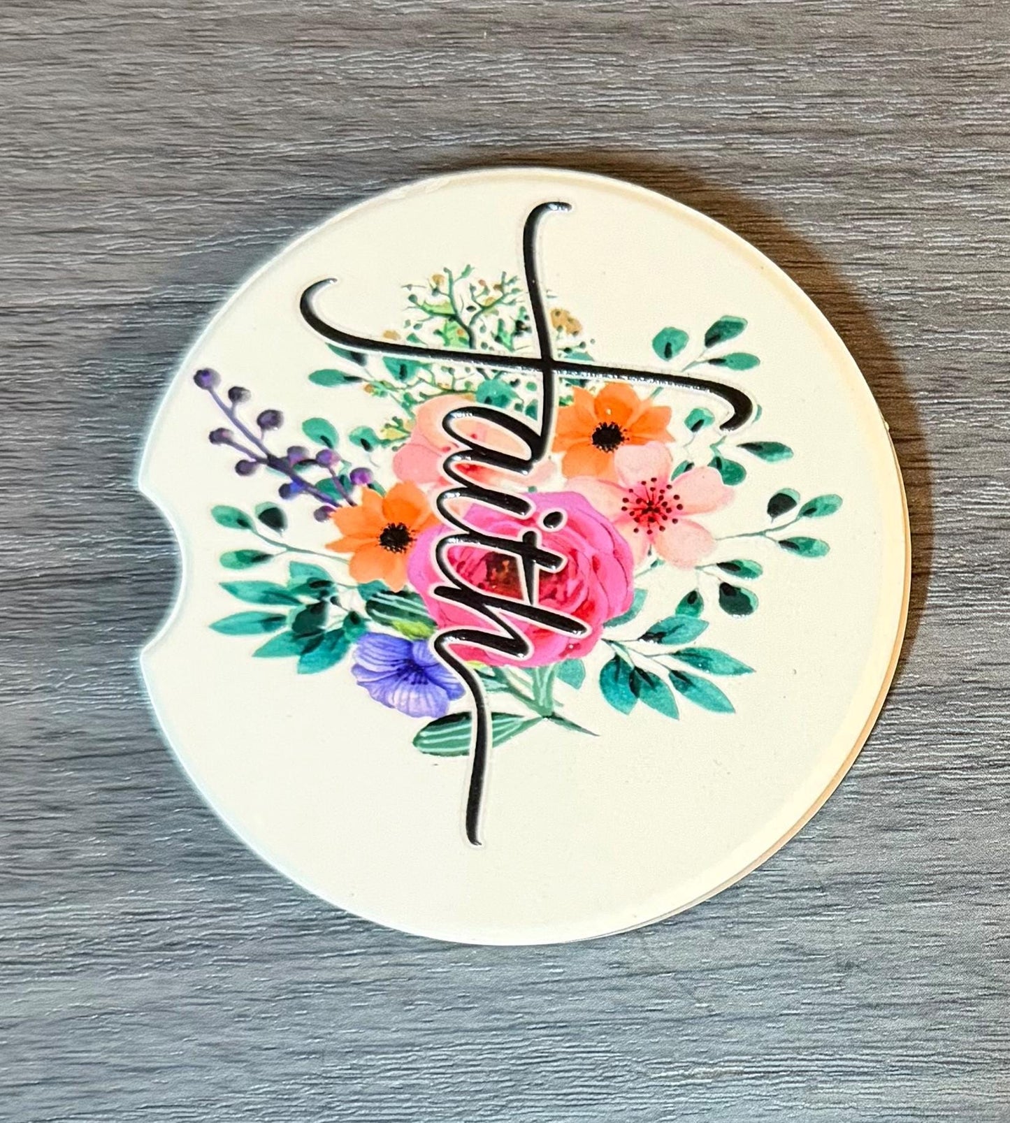 Ceramic Car Coasters Set of 2 | Floral Faith Car Accessories | Absorbent Cup Holder Coasters | Faith Inspired Gift | Inspirational Car Decor __etsy:8087491723