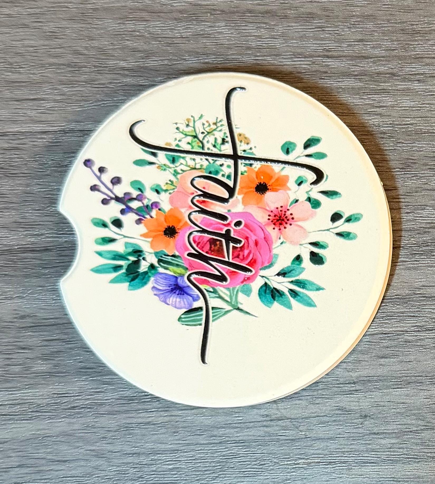 Ceramic Car Coasters Set of 2 | Floral Faith Car Accessories | Absorbent Cup Holder Coasters | Faith Inspired Gift | Inspirational Car Decor __etsy:8087491723