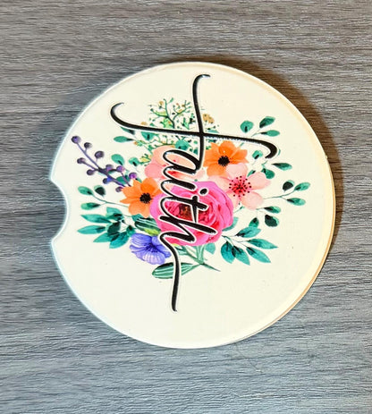 Ceramic Car Coasters Set of 2 | Floral Faith Car Accessories | Absorbent Cup Holder Coasters | Faith Inspired Gift | Inspirational Car Decor __etsy:8087491723