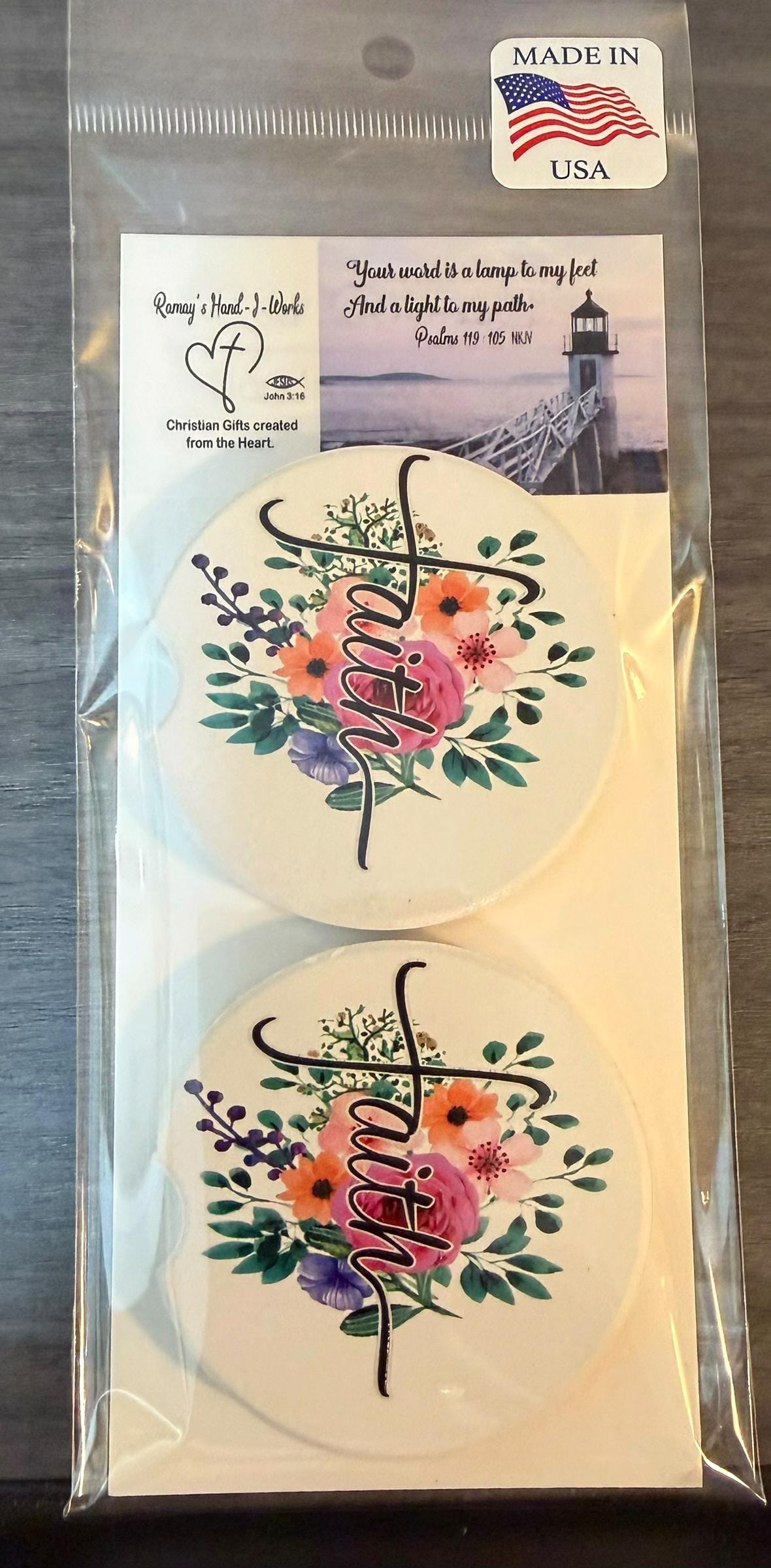Ceramic Car Coasters Set of 2 | Floral Faith Car Accessories | Absorbent Cup Holder Coasters | Faith Inspired Gift | Inspirational Car Decor __etsy:8087496359