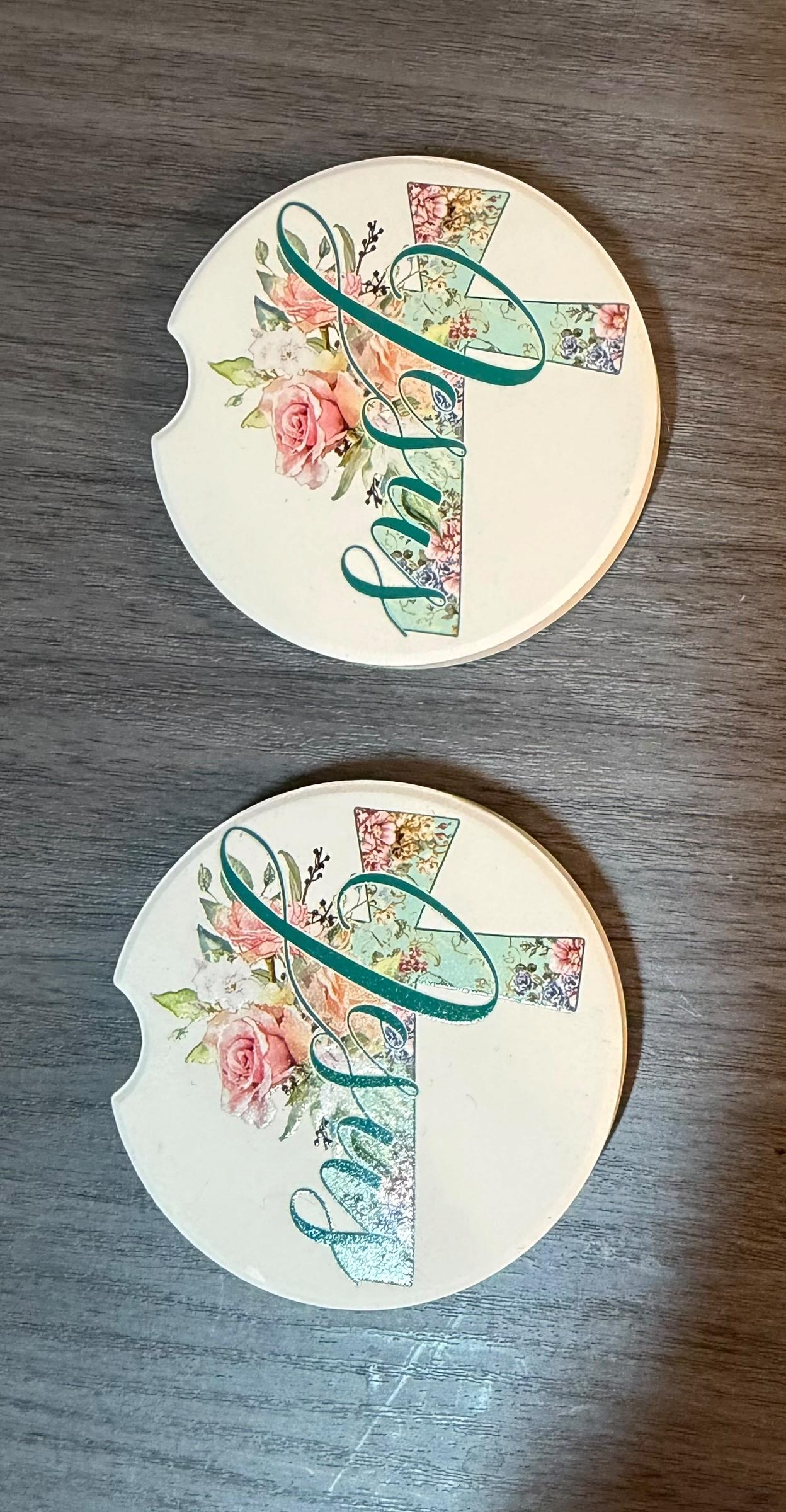 Ceramic Car Coasters Set of 2 | Floral Jesus Car Accessories | Absorbent Cup Holder Coasters | Faith Inspired Gift | Inspirational Car Decor __etsy:8039766074