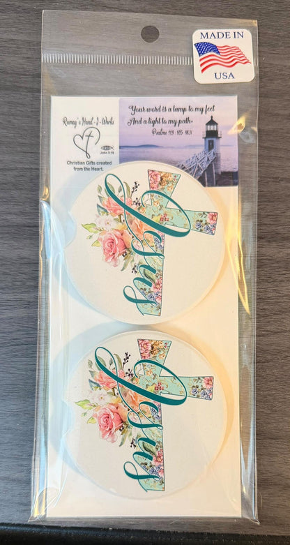 Ceramic Car Coasters Set of 2 | Floral Jesus Car Accessories | Absorbent Cup Holder Coasters | Faith Inspired Gift | Inspirational Car Decor __etsy:8087682573