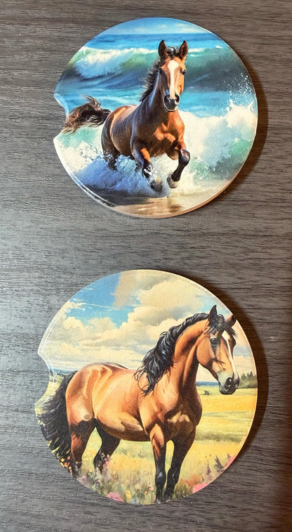 Ceramic Car Coasters Set of 2 | Horses Car Accessories | Absorbent Cup Holder Coasters | Scenic Inspired Gift | Beach Life Decor __etsy:8076165613