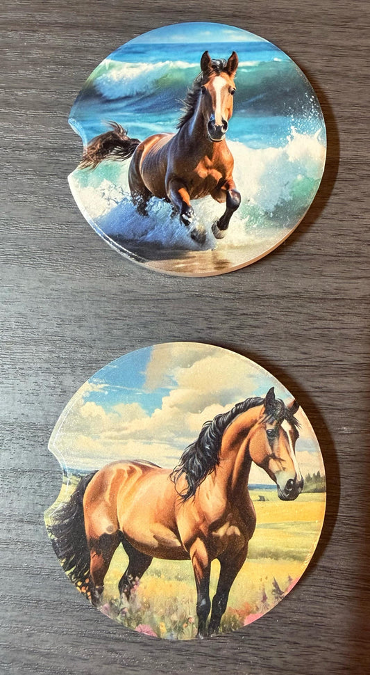 Ceramic Car Coasters Set of 2 | Horses Car Accessories | Absorbent Cup Holder Coasters | Scenic Inspired Gift | Beach Life Decor __etsy:8076165613