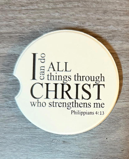 Ceramic Car Coasters Set of 2 |"I can do all things through Christ" Car Accessories |Absorbent Cup Holder Coasters | Inspirational Car Decor __etsy:8076265277
