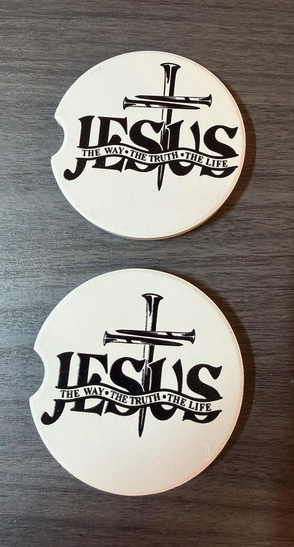 Ceramic Car Coasters Set of 2 | Jesus The Way The Truth The Life Car Accessories | Absorbent Cup Holder Coasters | Faith Inspired Car Decor __etsy:8039366570