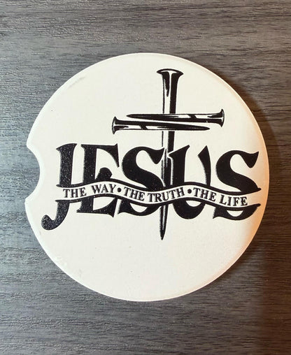 Ceramic Car Coasters Set of 2 | Jesus The Way The Truth The Life Car Accessories | Absorbent Cup Holder Coasters | Faith Inspired Car Decor __etsy:8039366546